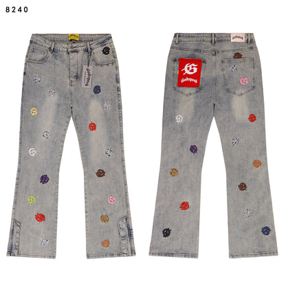 Black & Blue & Gray Loose Fit Denim Pants Streetwear Vintage Style Jeans 8240