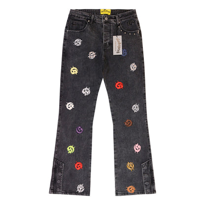 Black & Blue & Gray Loose Fit Denim Pants Streetwear Vintage Style Jeans 8240