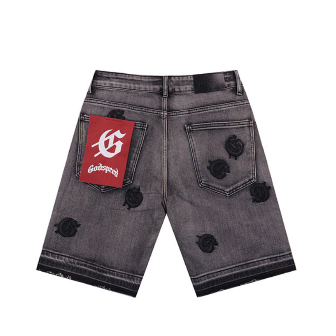 Blue & Black & Gray Loose Fit Embroidered Denim Short Streetwear Style 8660