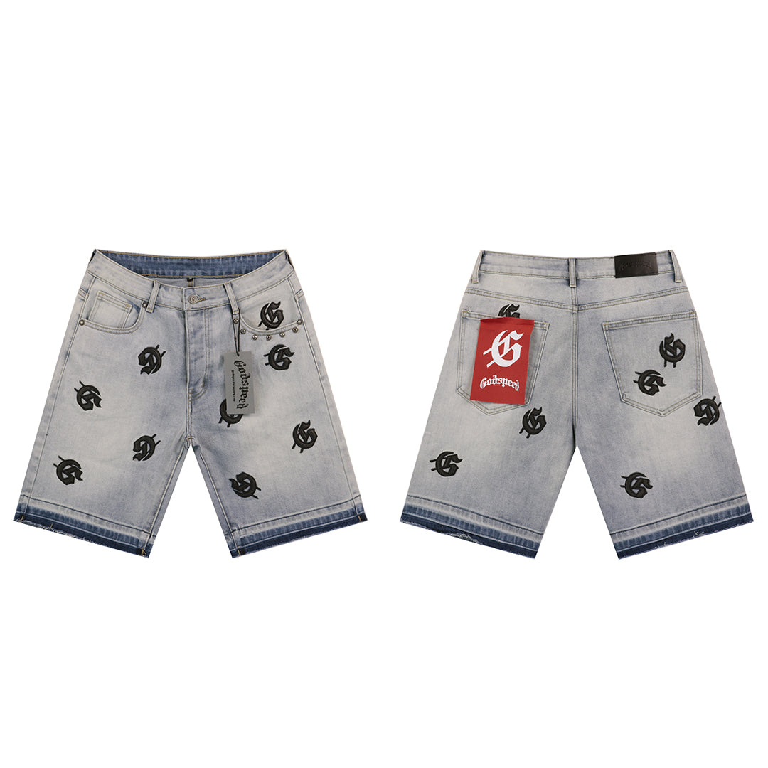 Blue & Black & Gray Loose Fit Embroidered Denim Short Streetwear Style 8660