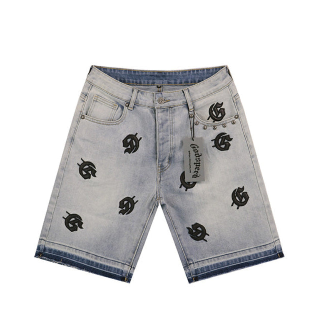 Blue & Black & Gray Loose Fit Embroidered Denim Short Streetwear Style 8660