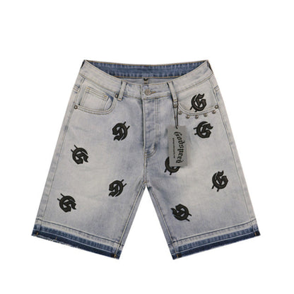 Blue & Black & Gray Loose Fit Embroidered Denim Short Streetwear Style 8660