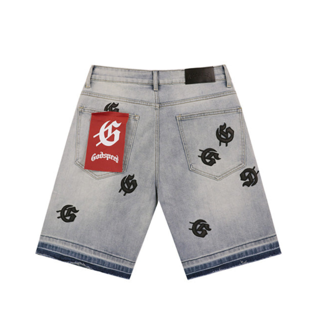 Blue & Black & Gray Loose Fit Embroidered Denim Short Streetwear Style 8660