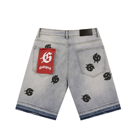Blue & Black & Gray Loose Fit Embroidered Denim Short Streetwear Style 8660
