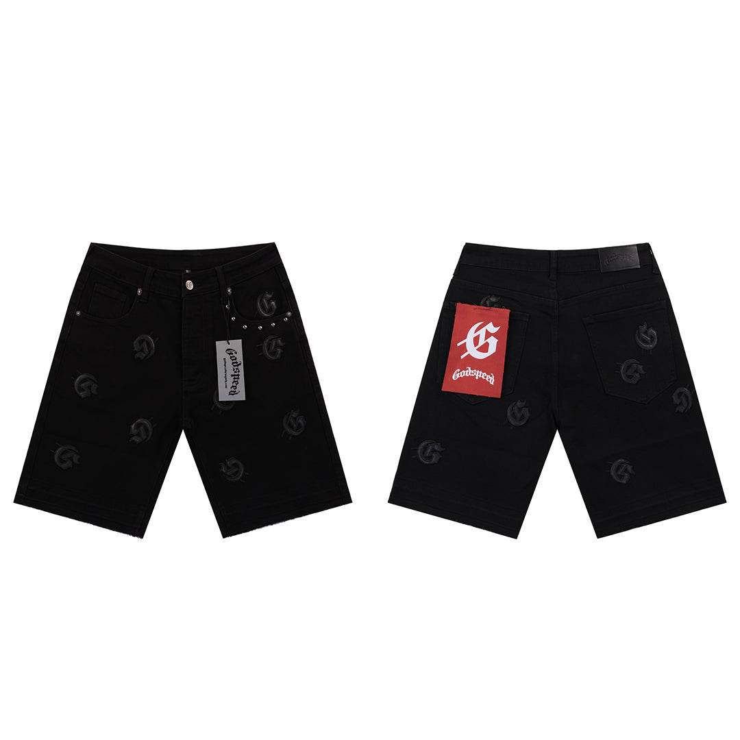 Blue & Black & Gray Loose Fit Embroidered Denim Short Streetwear Style 8660