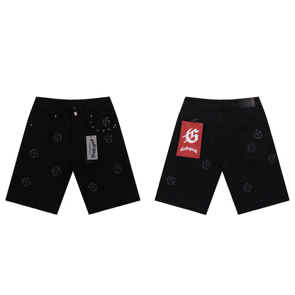 Blue & Black & Gray Loose Fit Embroidered Denim Short Streetwear Style 8660