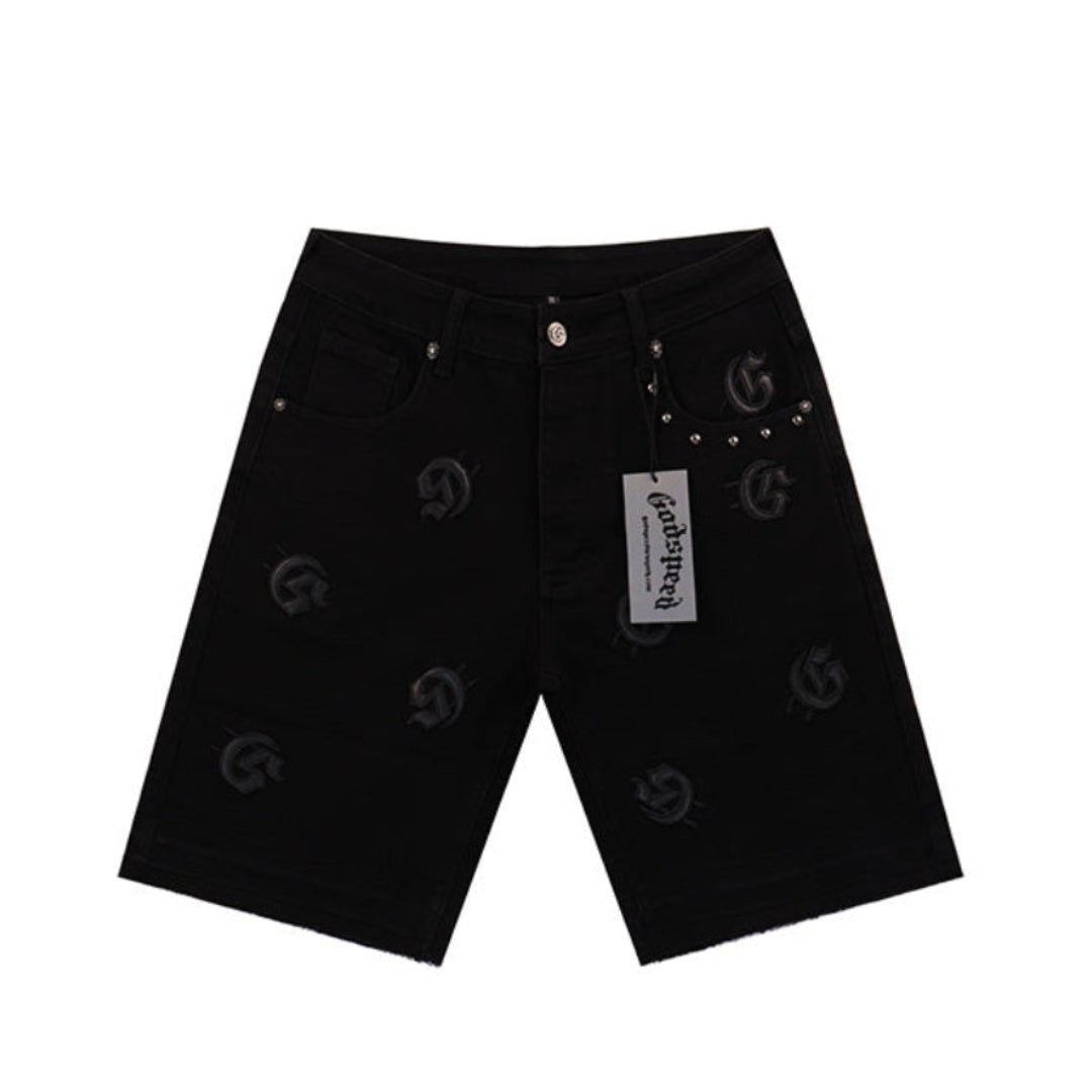 Blue & Black & Gray Loose Fit Embroidered Denim Short Streetwear Style 8660