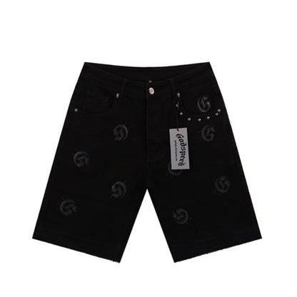 Blue & Black & Gray Loose Fit Embroidered Denim Short Streetwear Style 8660