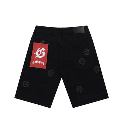Blue & Black & Gray Loose Fit Embroidered Denim Short Streetwear Style 8660