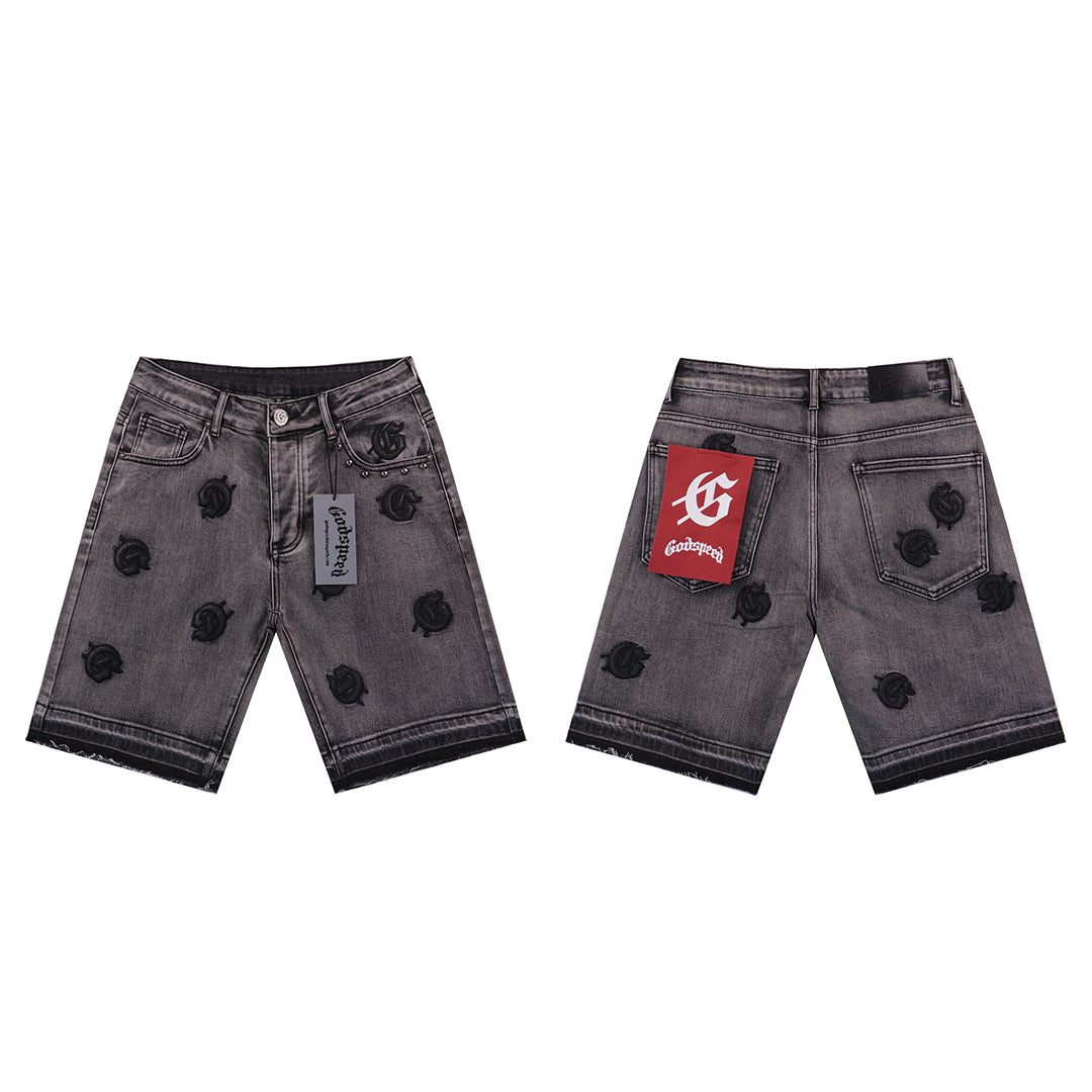 Blue & Black & Gray Loose Fit Embroidered Denim Short Streetwear Style 8660