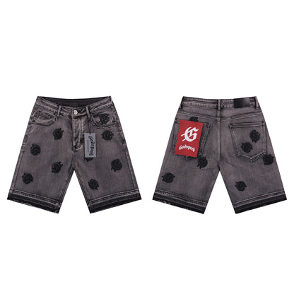 Blue & Black & Gray Loose Fit Embroidered Denim Short Streetwear Style 8660