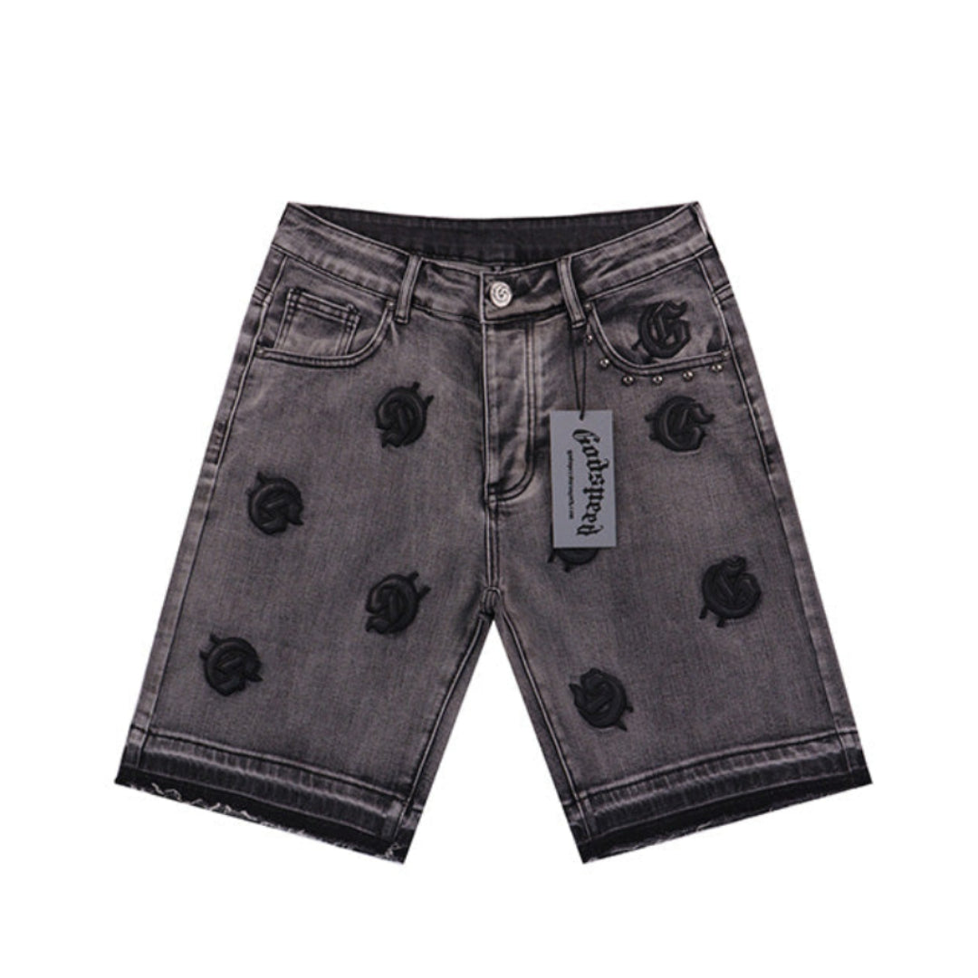Blue & Black & Gray Loose Fit Embroidered Denim Short Streetwear Style 8660
