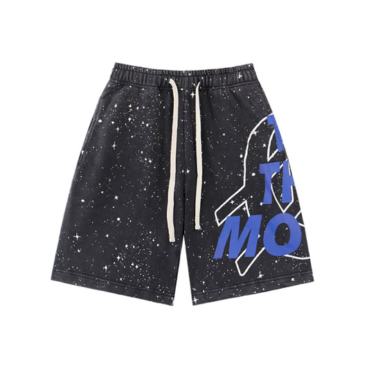 Black & Blue Loose Fit Embroidered Denim Short Streetwear Style 8675