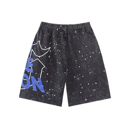 Black & Blue Loose Fit Embroidered Denim Short Streetwear Style 8765