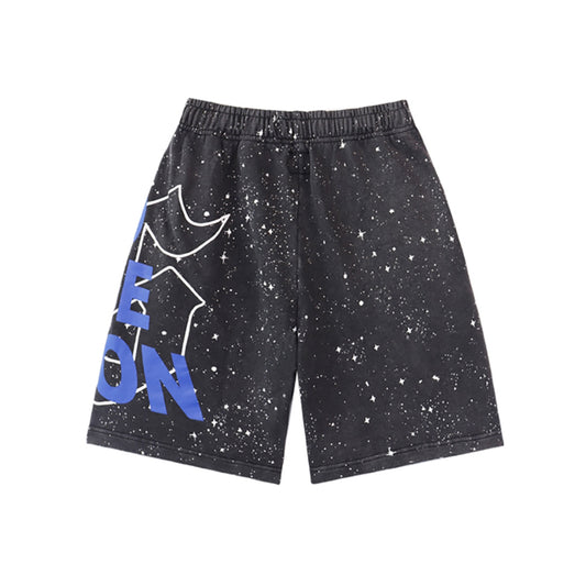 Black & Blue Loose Fit Embroidered Denim Short Streetwear Style 8675