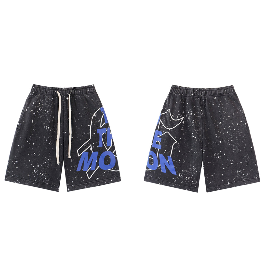Black & Blue Loose Fit Embroidered Denim Short Streetwear Style 8765