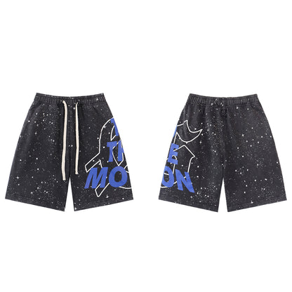 Black & Blue Loose Fit Embroidered Denim Short Streetwear Style 8765