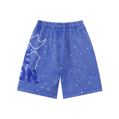 Black & Blue Loose Fit Embroidered Denim Short Streetwear Style 8765