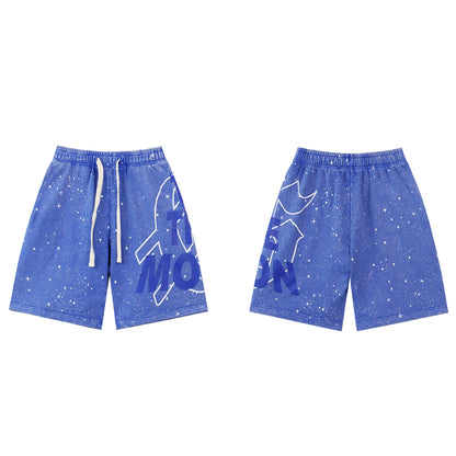 Black & Blue Loose Fit Embroidered Denim Short Streetwear Style 8765