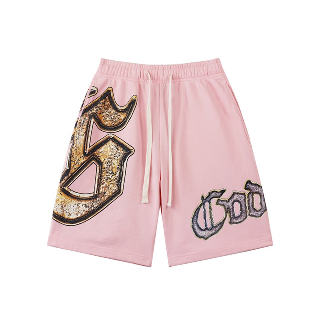 Pink & Black Washed Double Yarn Printed Shorts Vintage Streetwear Style 8678