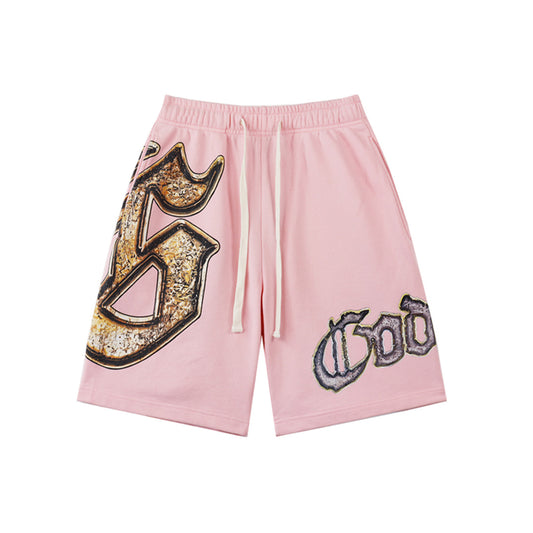 Pink & Black Washed Double Yarn Printed Shorts Vintage Streetwear Style 8678