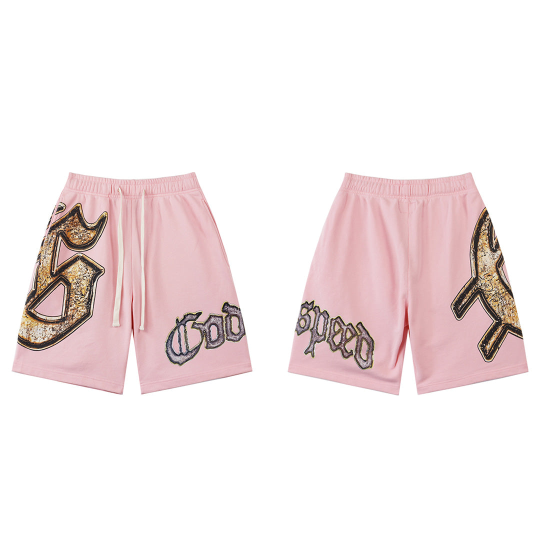 Pink & Black Washed Double Yarn Printed Shorts Vintage Streetwear Style 8678