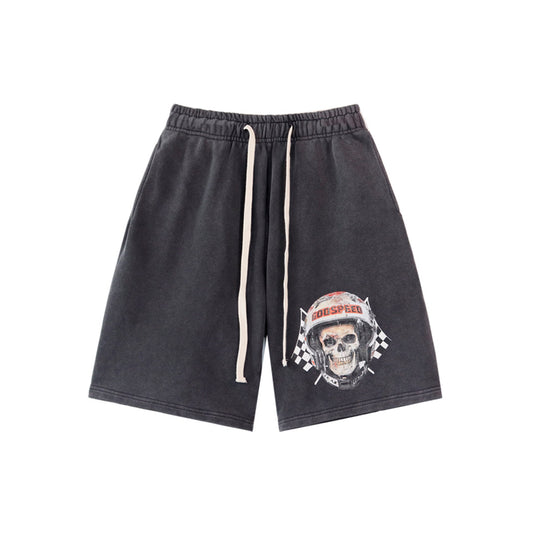 Black & Blue Washed Double Yarn Printed Shorts Vintage Streetwear Style 8679