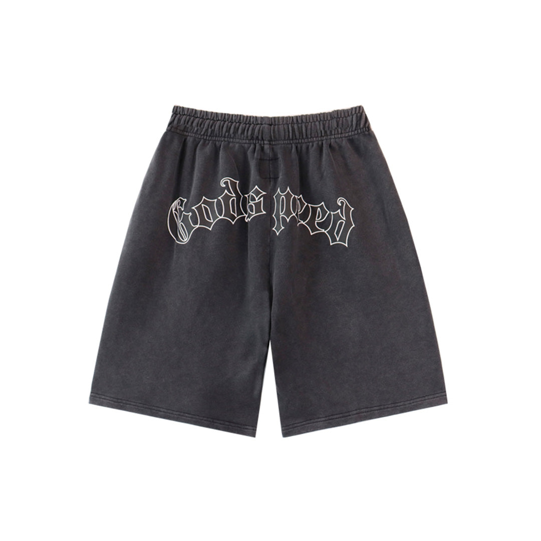 Black & Blue Washed Double Yarn Printed Shorts Vintage Streetwear Style 8679