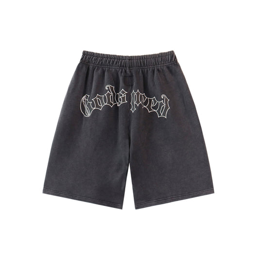 Black & Blue Washed Double Yarn Printed Shorts Vintage Streetwear Style 8679