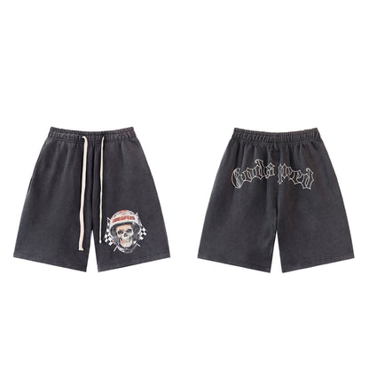 Black & Blue Washed Double Yarn Printed Shorts Vintage Streetwear Style 8679