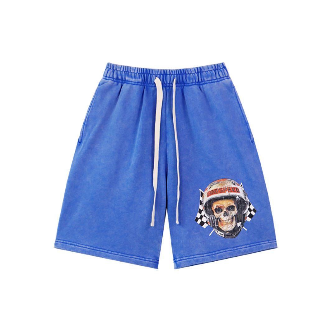 Black & Blue Washed Double Yarn Printed Shorts Vintage Streetwear Style 8679