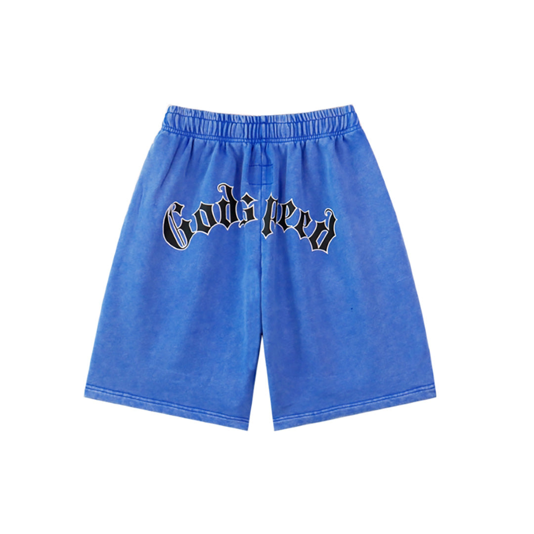 Black & Blue Washed Double Yarn Printed Shorts Vintage Streetwear Style 8679