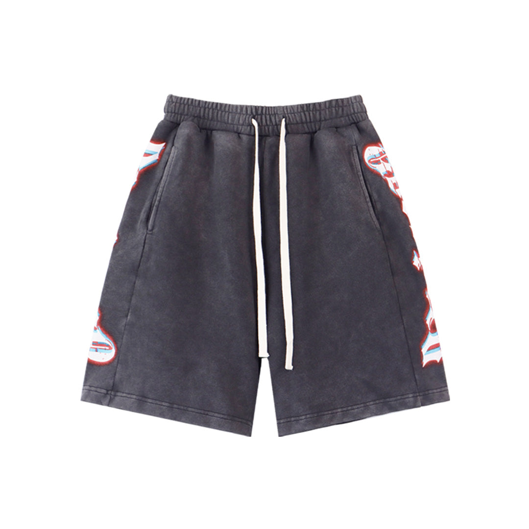 Black & Blue Washed Double Yarn Printed Shorts Vintage Streetwear Style 8770