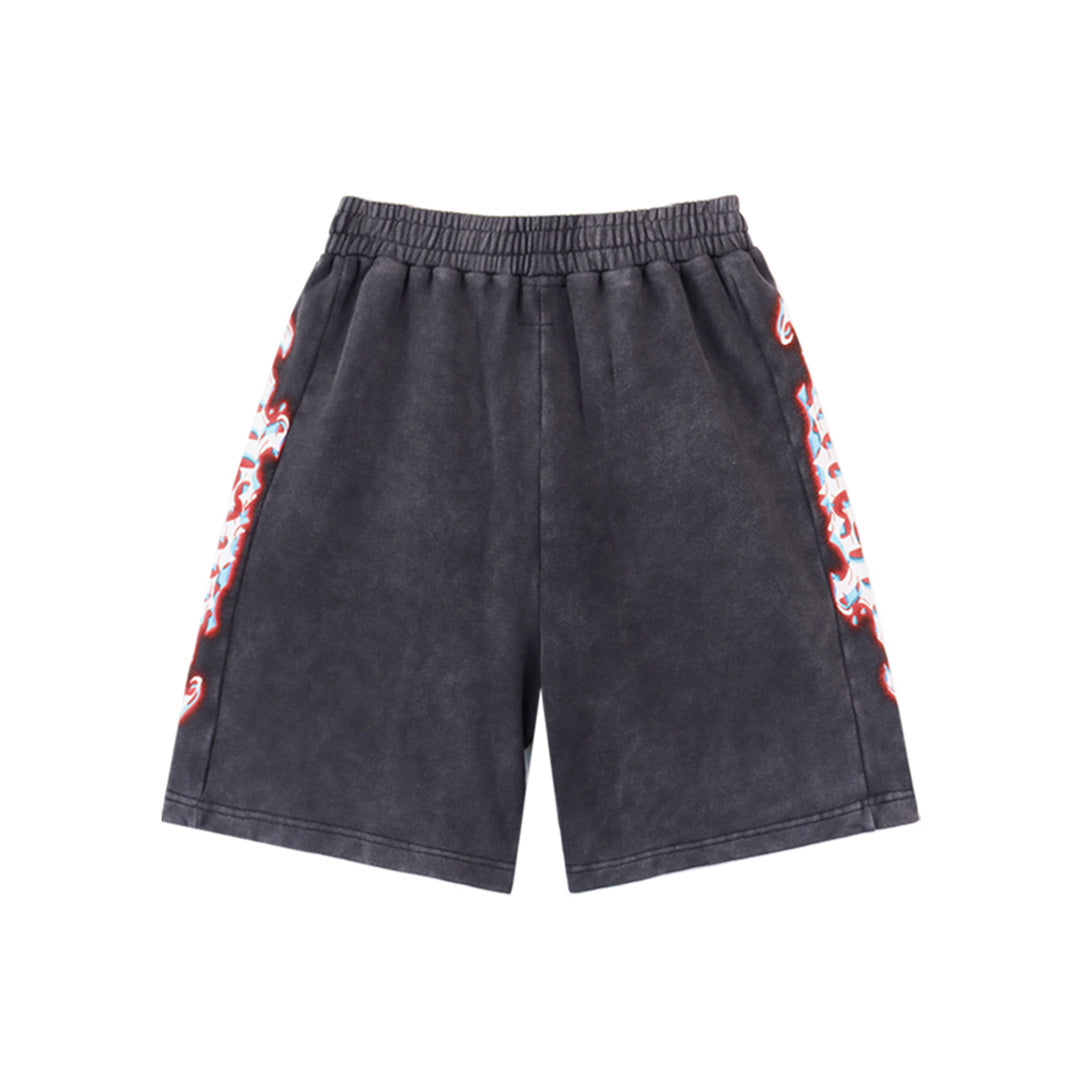 Black & Blue Washed Double Yarn Printed Shorts Vintage Streetwear Style 8770