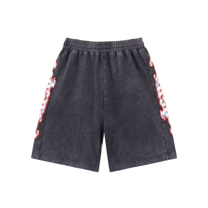 Black & Blue Washed Double Yarn Printed Shorts Vintage Streetwear Style 8770