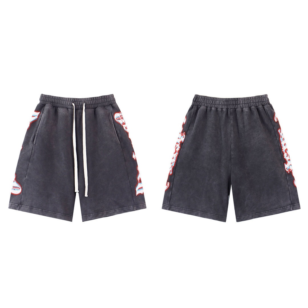 Black & Blue Washed Double Yarn Printed Shorts Vintage Streetwear Style 8770