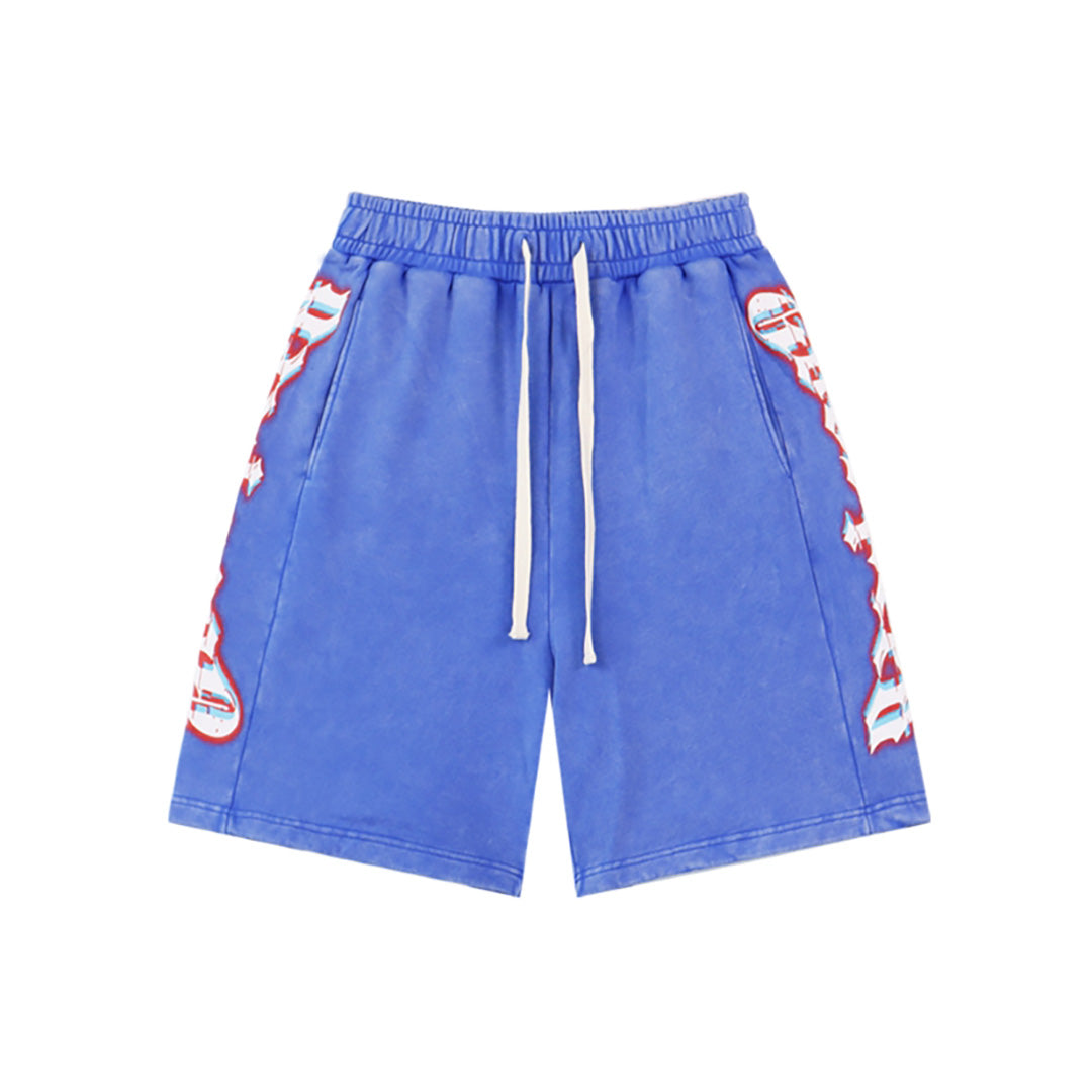 Black & Blue Washed Double Yarn Printed Shorts Vintage Streetwear Style 8770