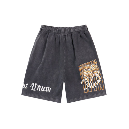 Black & Blue Washed Double Yarn Printed Shorts Vintage Streetwear Style 8771