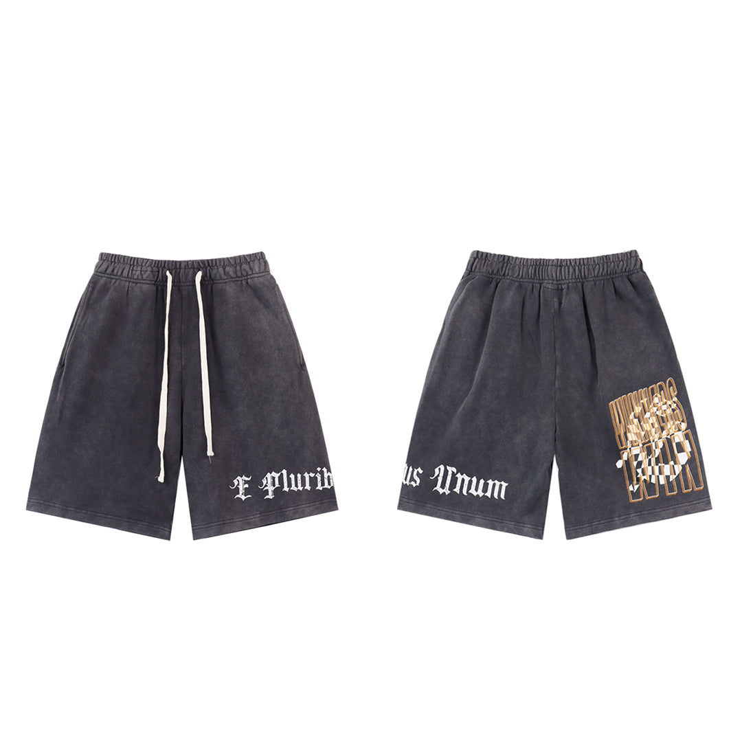 Black & Blue Washed Double Yarn Printed Shorts Vintage Streetwear Style 8771