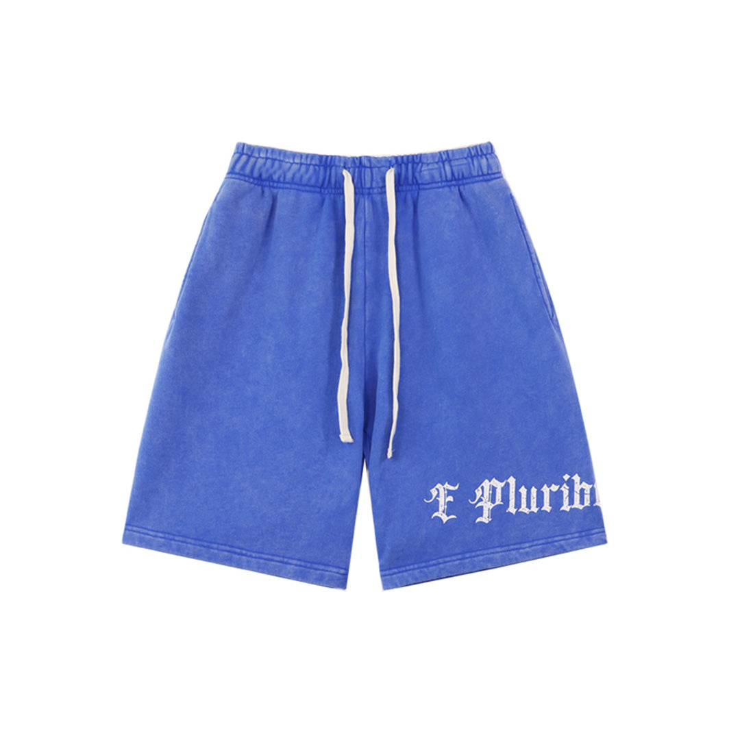 Black & Blue Washed Double Yarn Printed Shorts Vintage Streetwear Style 8771