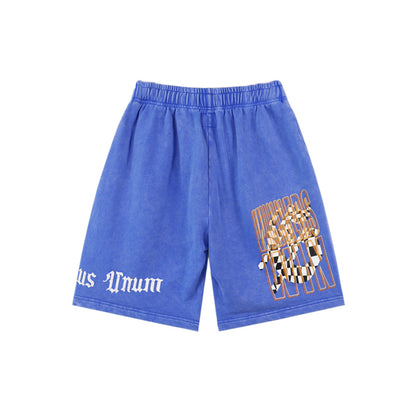 Black & Blue Washed Double Yarn Printed Shorts Vintage Streetwear Style 8771