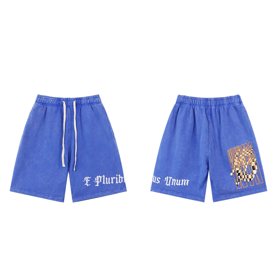 Black & Blue Washed Double Yarn Printed Shorts Vintage Streetwear Style 8771