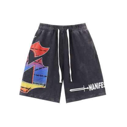 Black & Blue & Pink Washed Double Yarn Printed Shorts Vintage Streetwear Style 8775