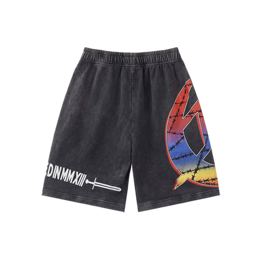 Black & Blue & Pink Washed Double Yarn Printed Shorts Vintage Streetwear Style 8775