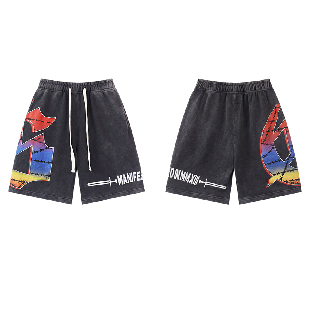 Black & Blue & Pink Washed Double Yarn Printed Shorts Vintage Streetwear Style 8775