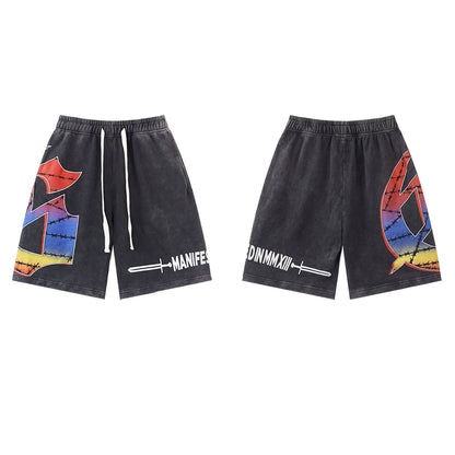 Black & Blue & Pink Washed Double Yarn Printed Shorts Vintage Streetwear Style 8775