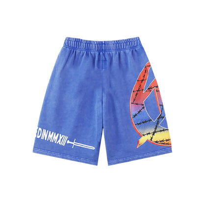 Black & Blue & Pink Washed Double Yarn Printed Shorts Vintage Streetwear Style 8775