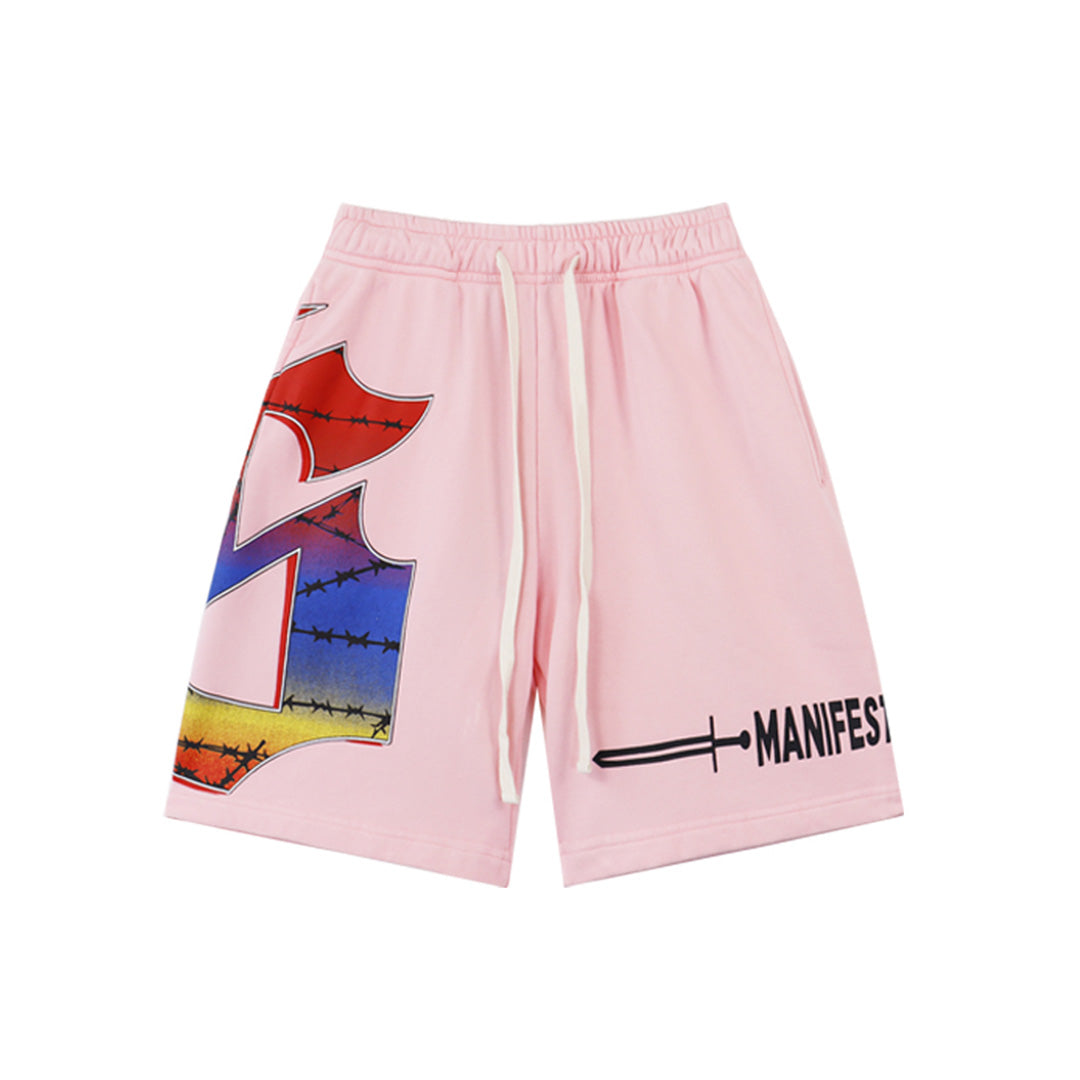 Black & Blue & Pink Washed Double Yarn Printed Shorts Vintage Streetwear Style 8775