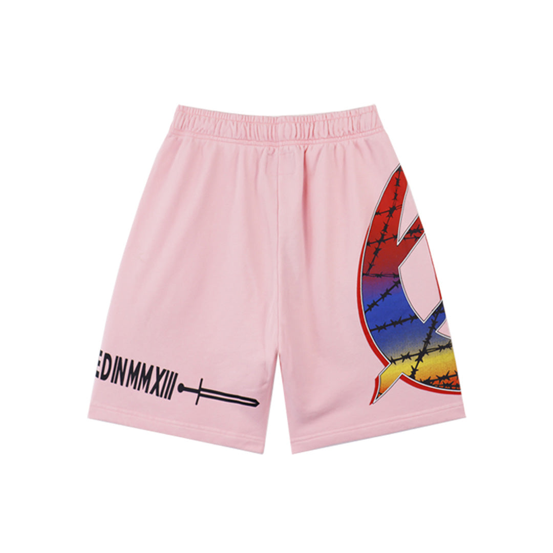 Black & Blue & Pink Washed Double Yarn Printed Shorts Vintage Streetwear Style 8775