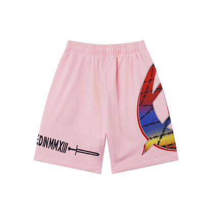Black & Blue & Pink Washed Double Yarn Printed Shorts Vintage Streetwear Style 8775